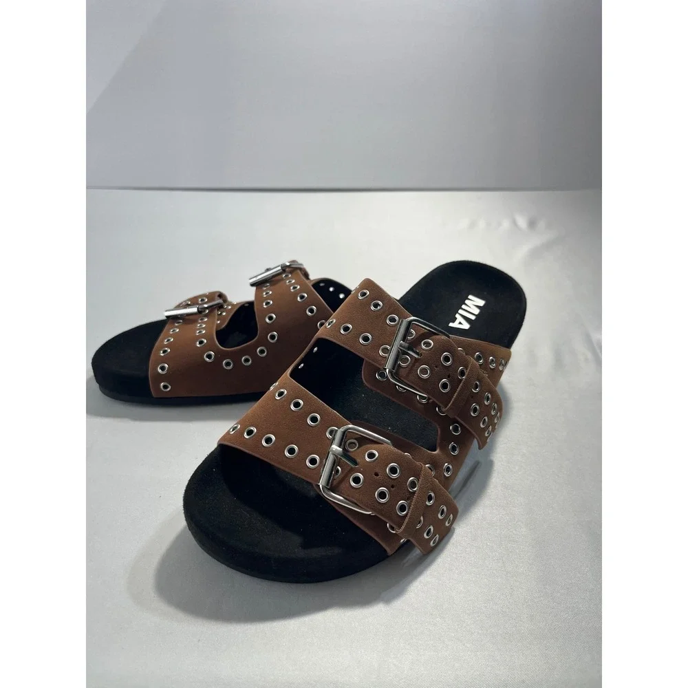 MIA‎ Brooklyn Grommet Buckle Double Strap Slide Sandals Women 6 Brown Edgy Punk